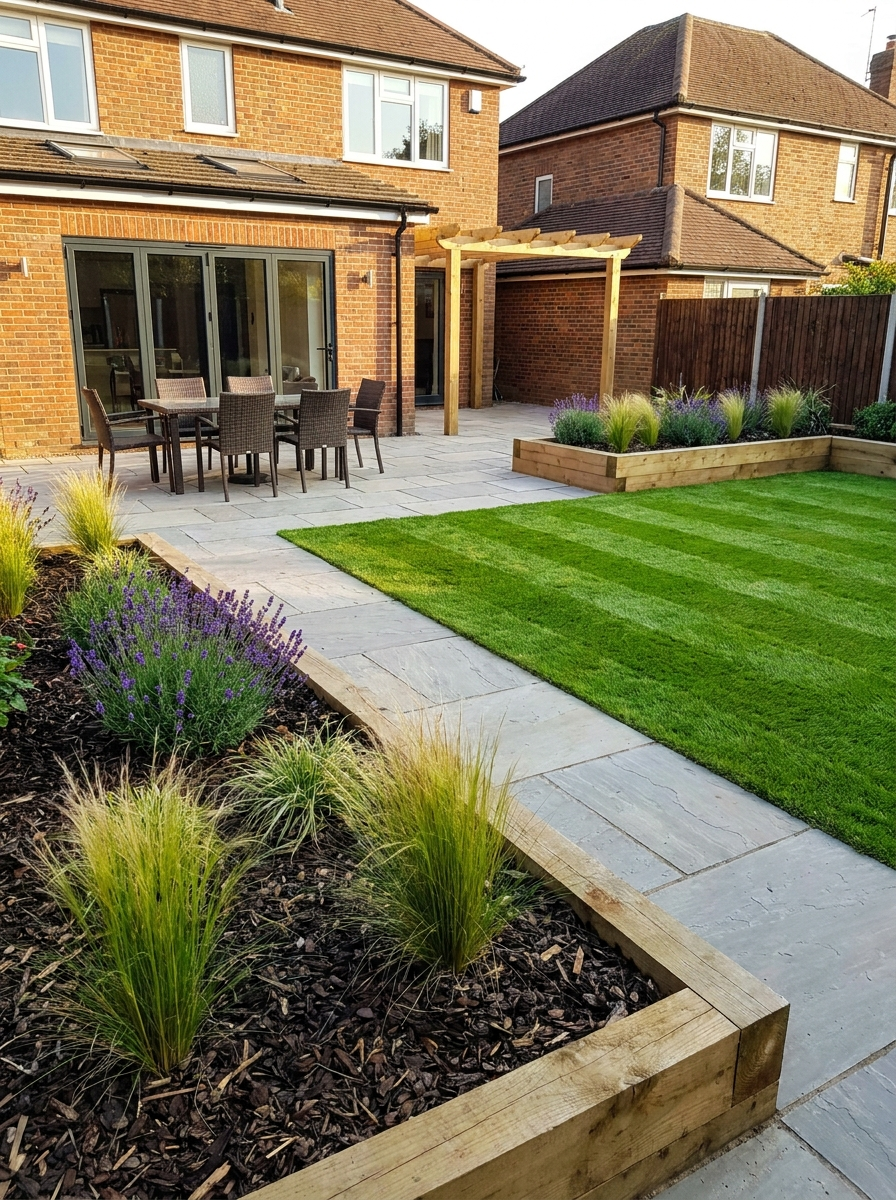 Landscaped patio with lawn and raised planters